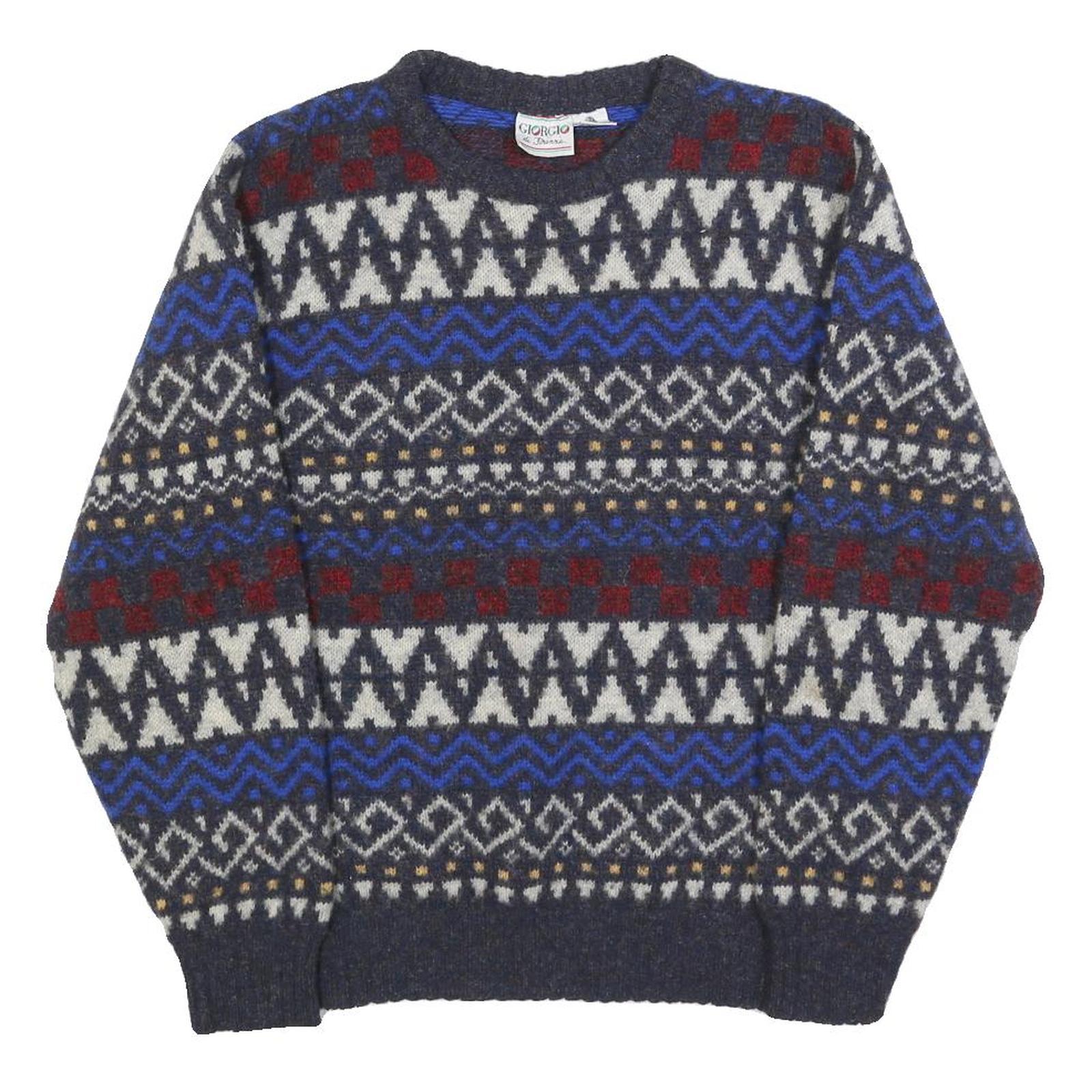 GIORGIO Womens Blue & Red Patterned Wool Jumper Crew Neck Cable Knit M Stylish