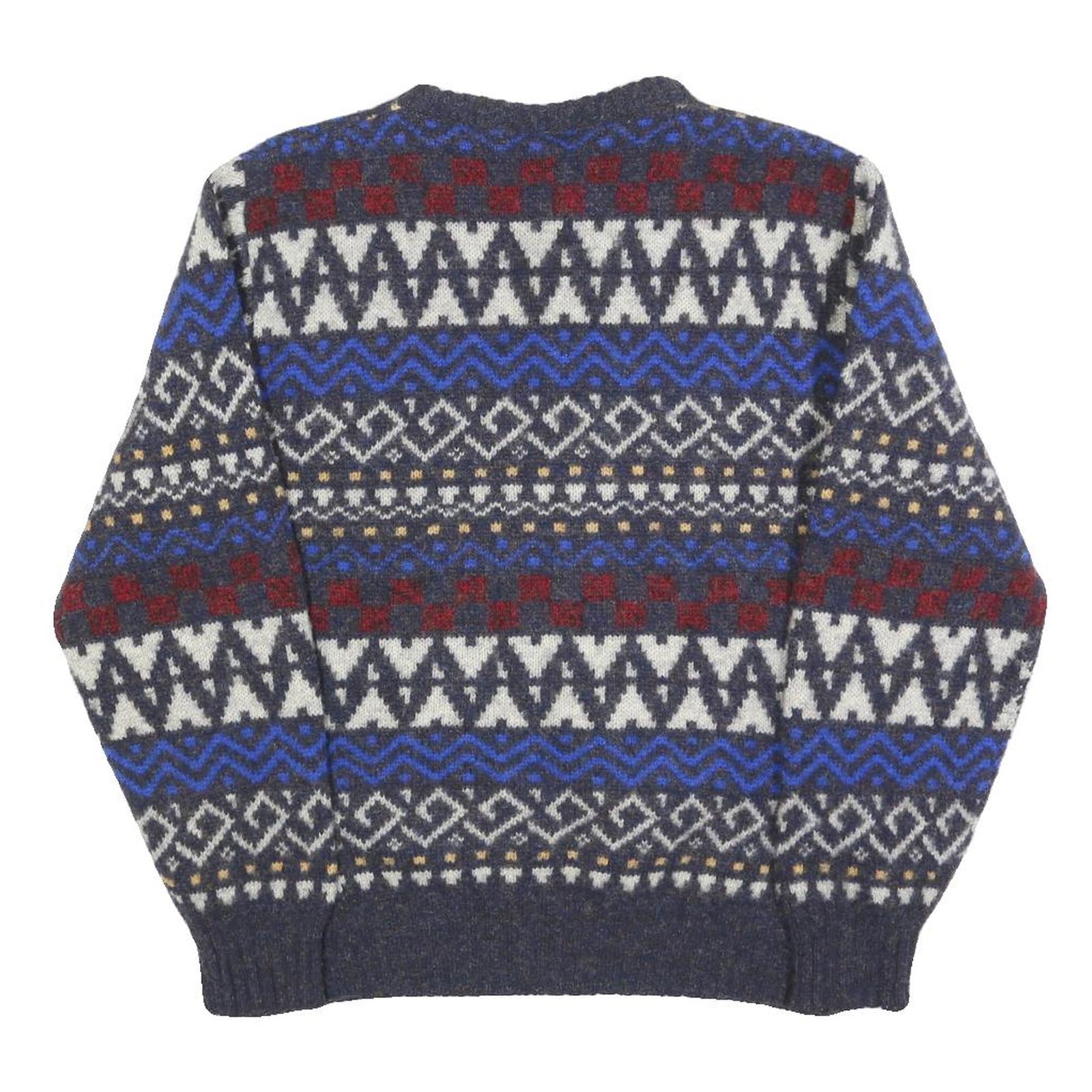 GIORGIO Womens Blue & Red Patterned Wool Jumper Crew Neck Cable Knit M Stylish