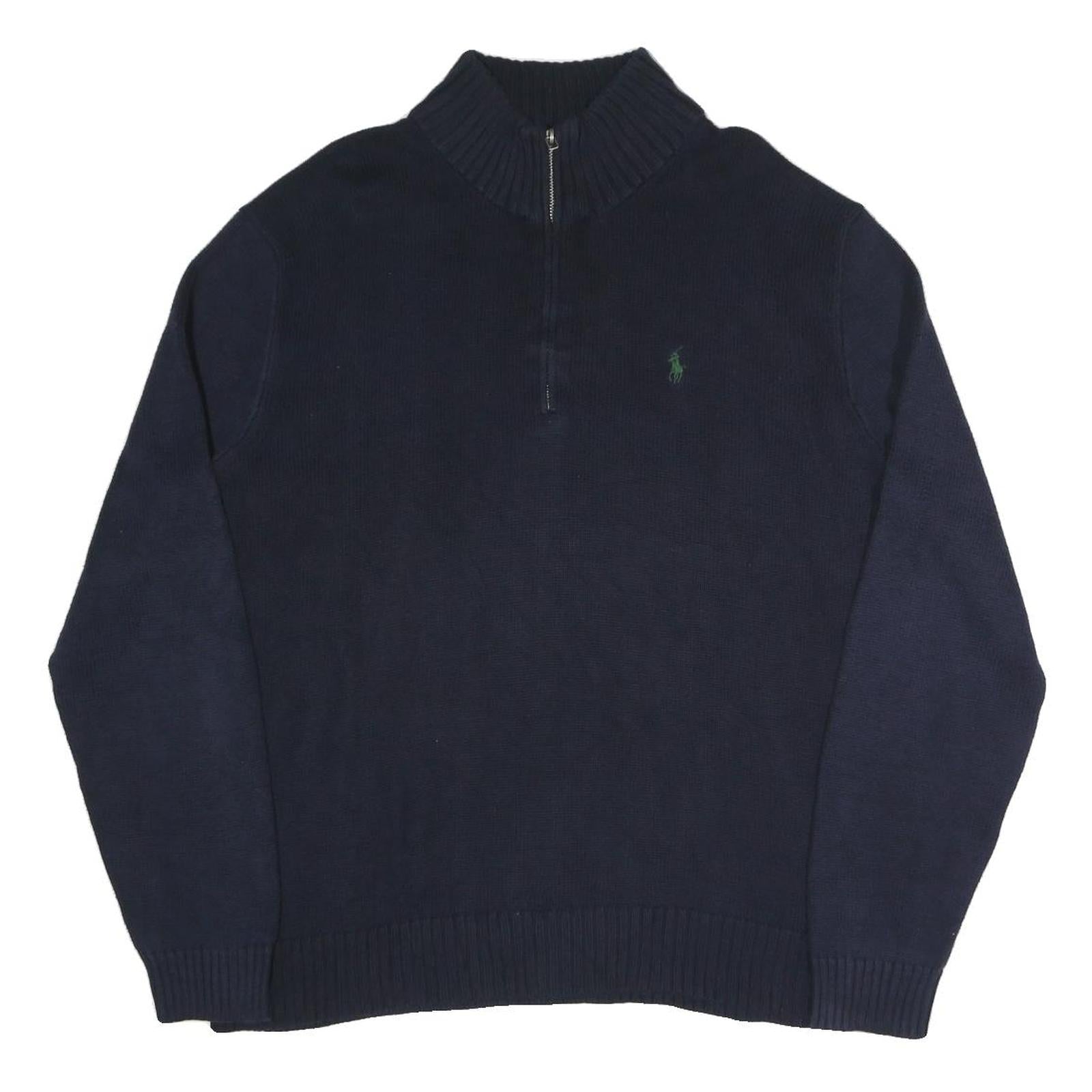 POLO RALPH LAUREN Mens Navy Blue Plain Cotton Blend Jumper Half Zip L Classic