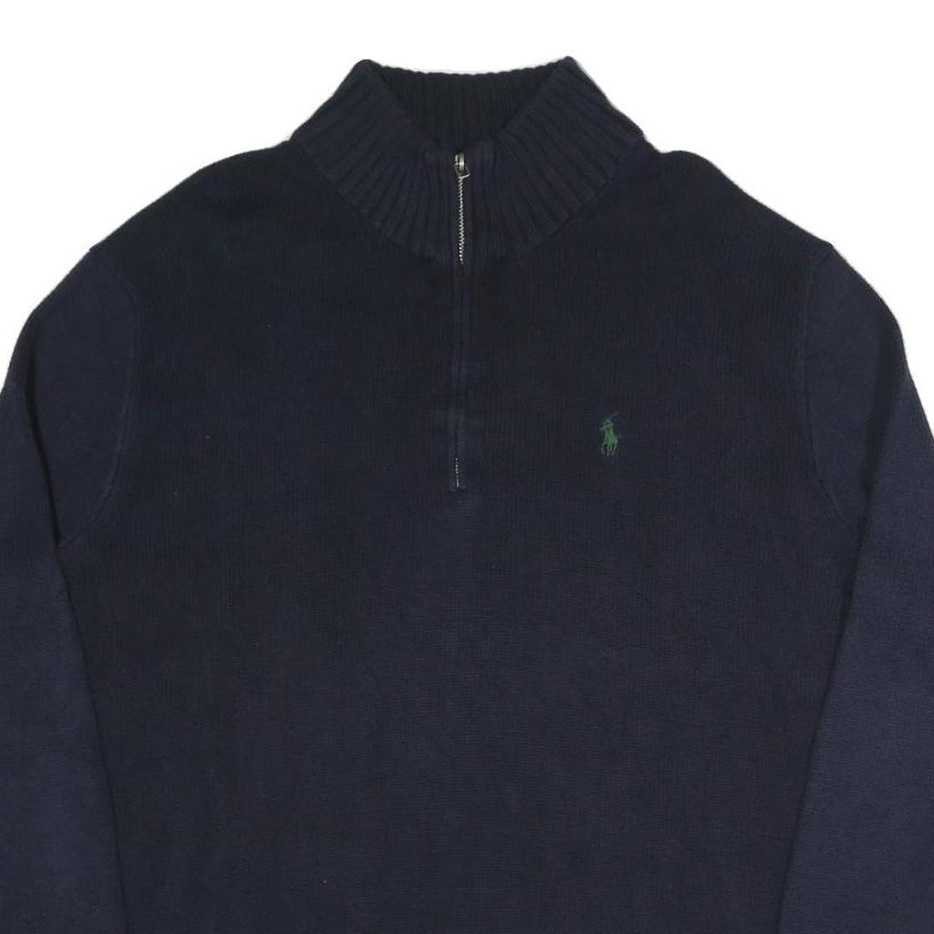 POLO RALPH LAUREN Mens Navy Blue Plain Cotton Blend Jumper Half Zip L Classic
