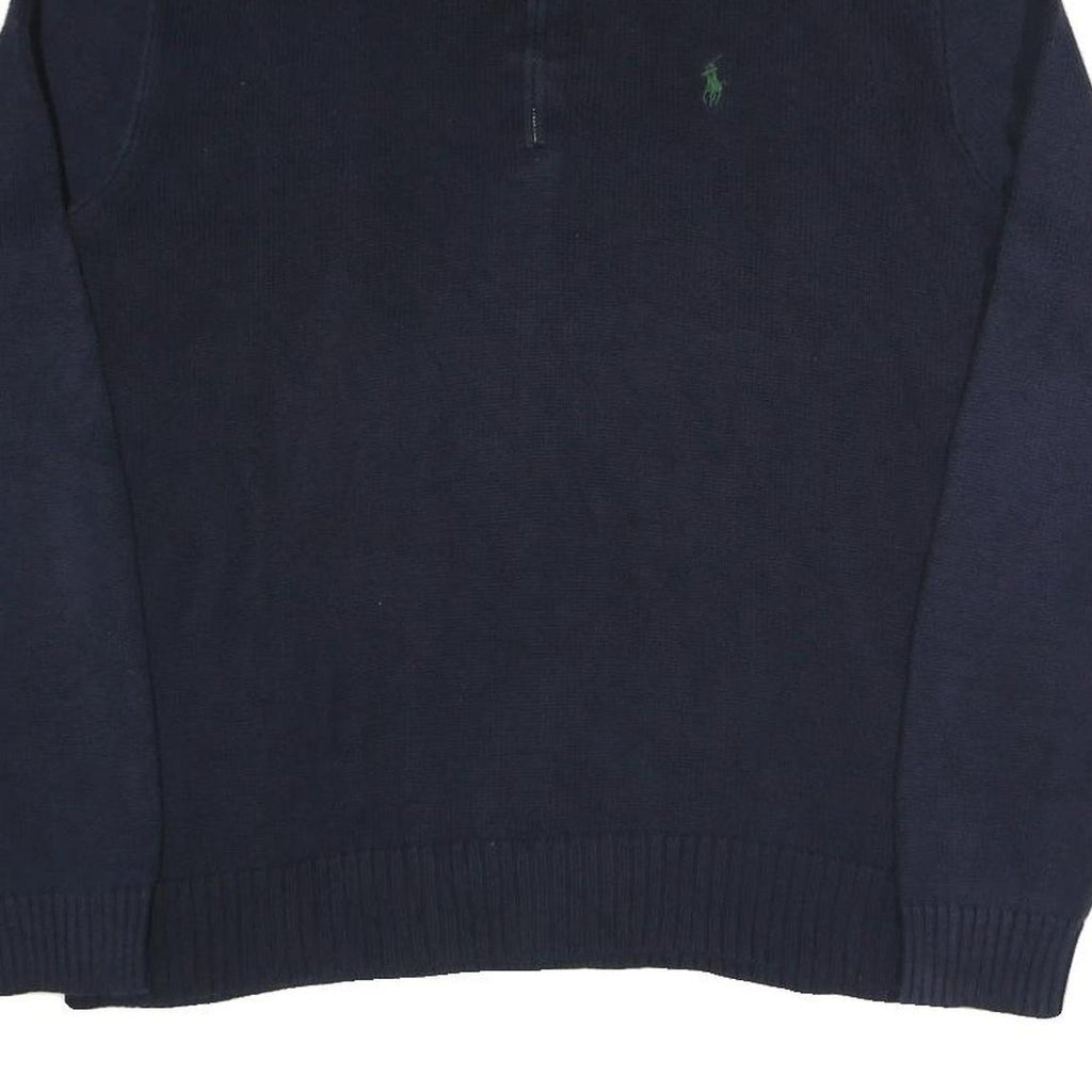 POLO RALPH LAUREN Mens Navy Blue Plain Cotton Blend Jumper Half Zip L Classic