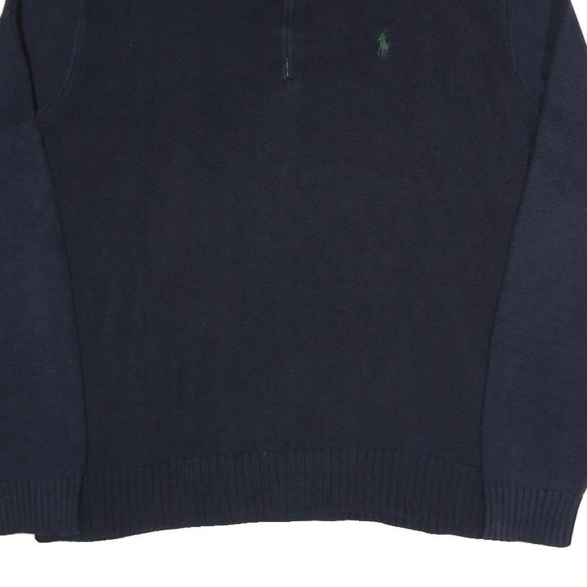 POLO RALPH LAUREN Mens Navy Blue Plain Cotton Blend Jumper Half Zip L Classic