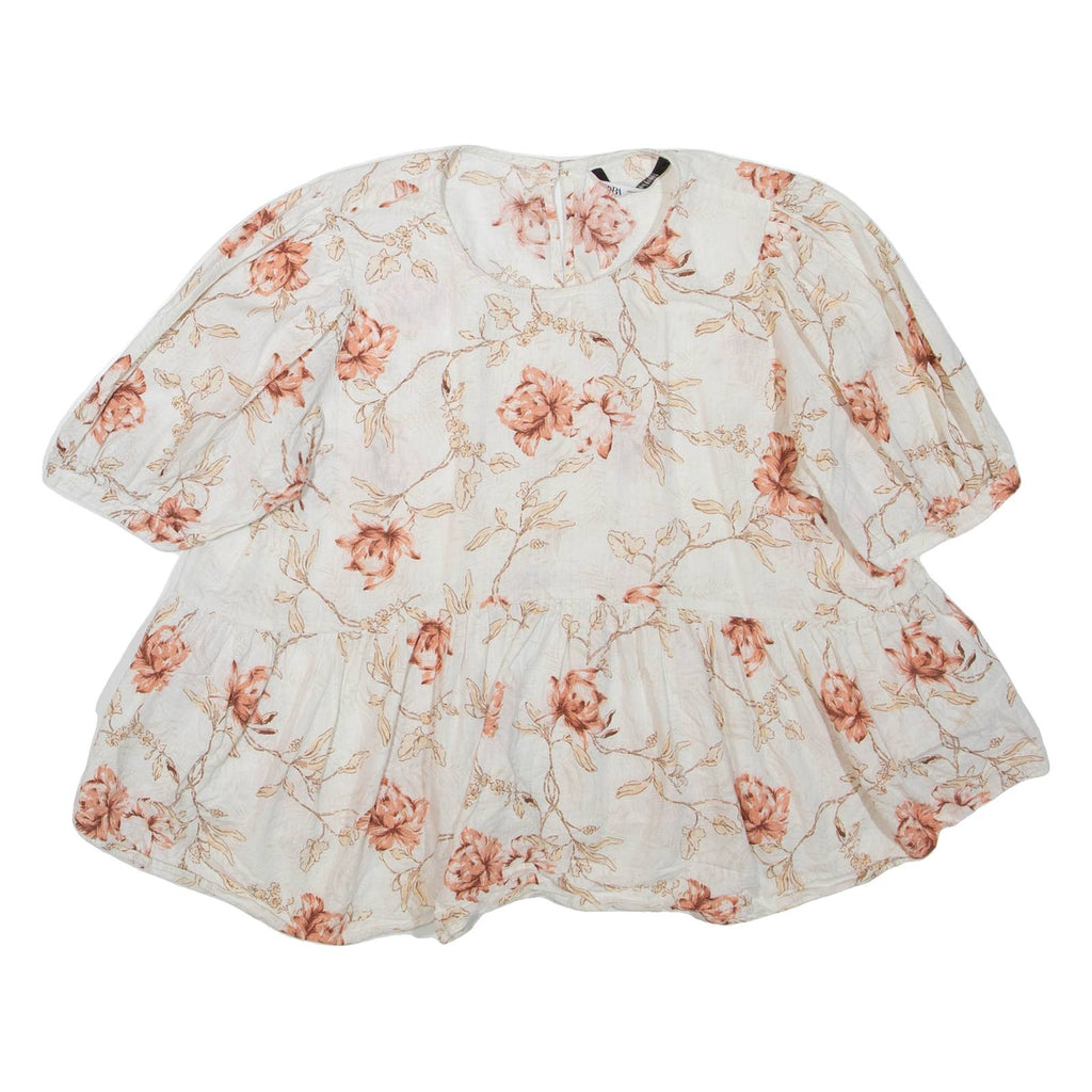 ZARA Womens Smock Blouse White 3/4 Sleeve Floral 2XL