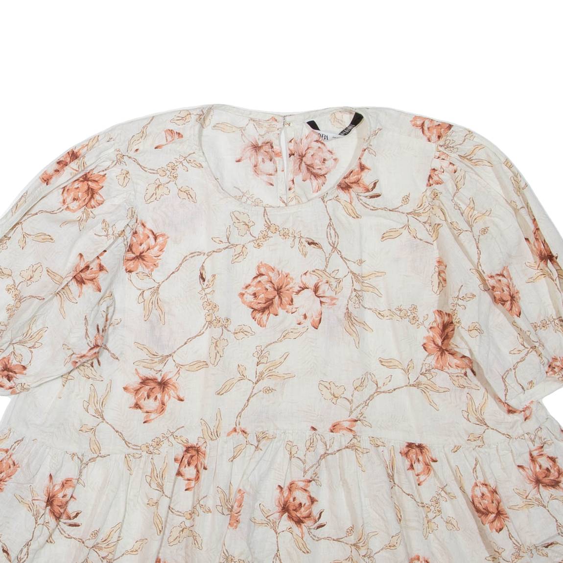 ZARA Womens Smock Blouse White 3/4 Sleeve Floral 2XL