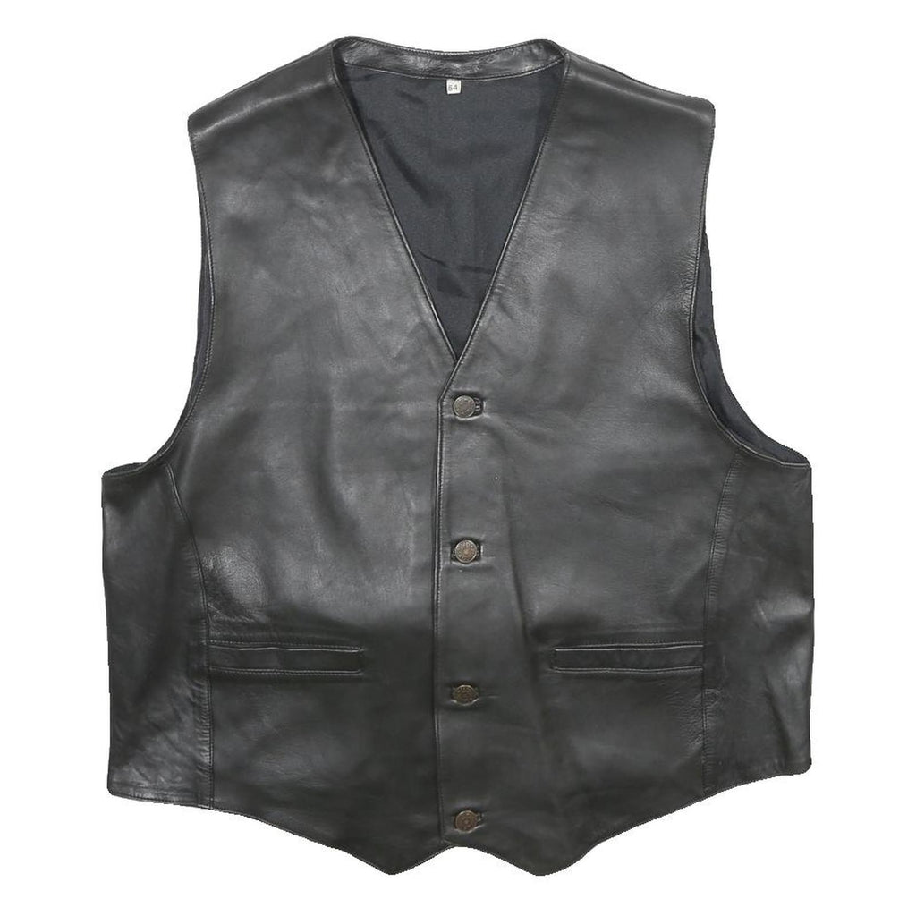 CASUCCI Mens Black Leather Waistcoat L Leather Plain Button Closure Stylish