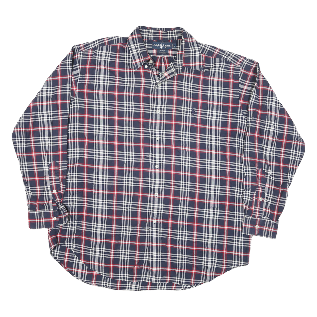 RALPH LAUREN Mens Blue White & Red Checked Shirt L Classic Cotton Blend Long