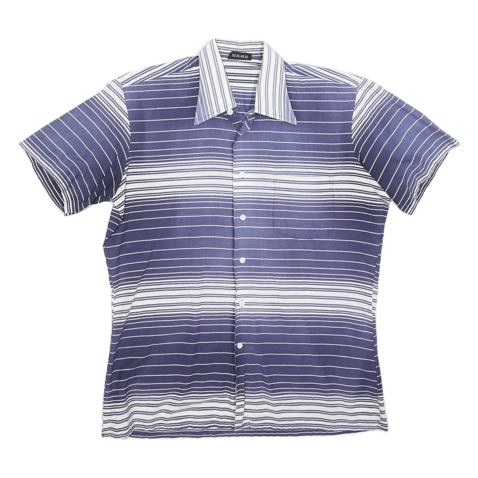 TOP SHIRT Mens Blue & White Striped Short Sleeve Shirt M Cotton Casual