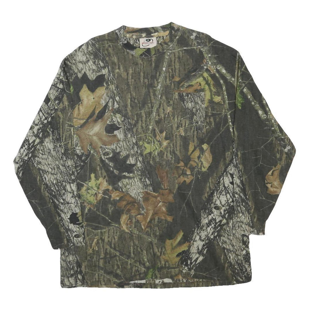 MOSSY OAK Mens Green & Brown Camo Long Sleeve Crew Neck T-Shirt L Cotton Blend