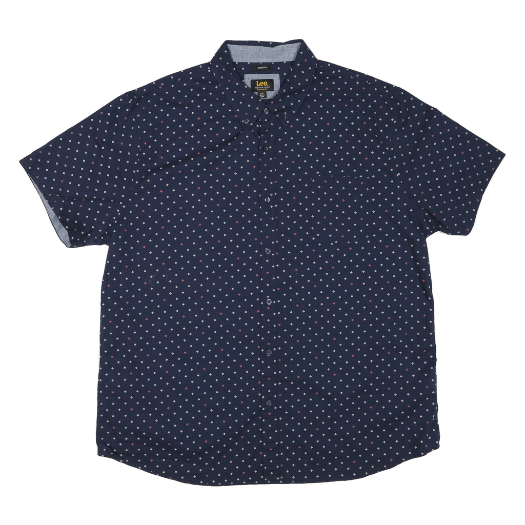 LEE Mens Navy Blue & Red Patterned Cotton Blend Shirt 2XL Short Sleeve Button