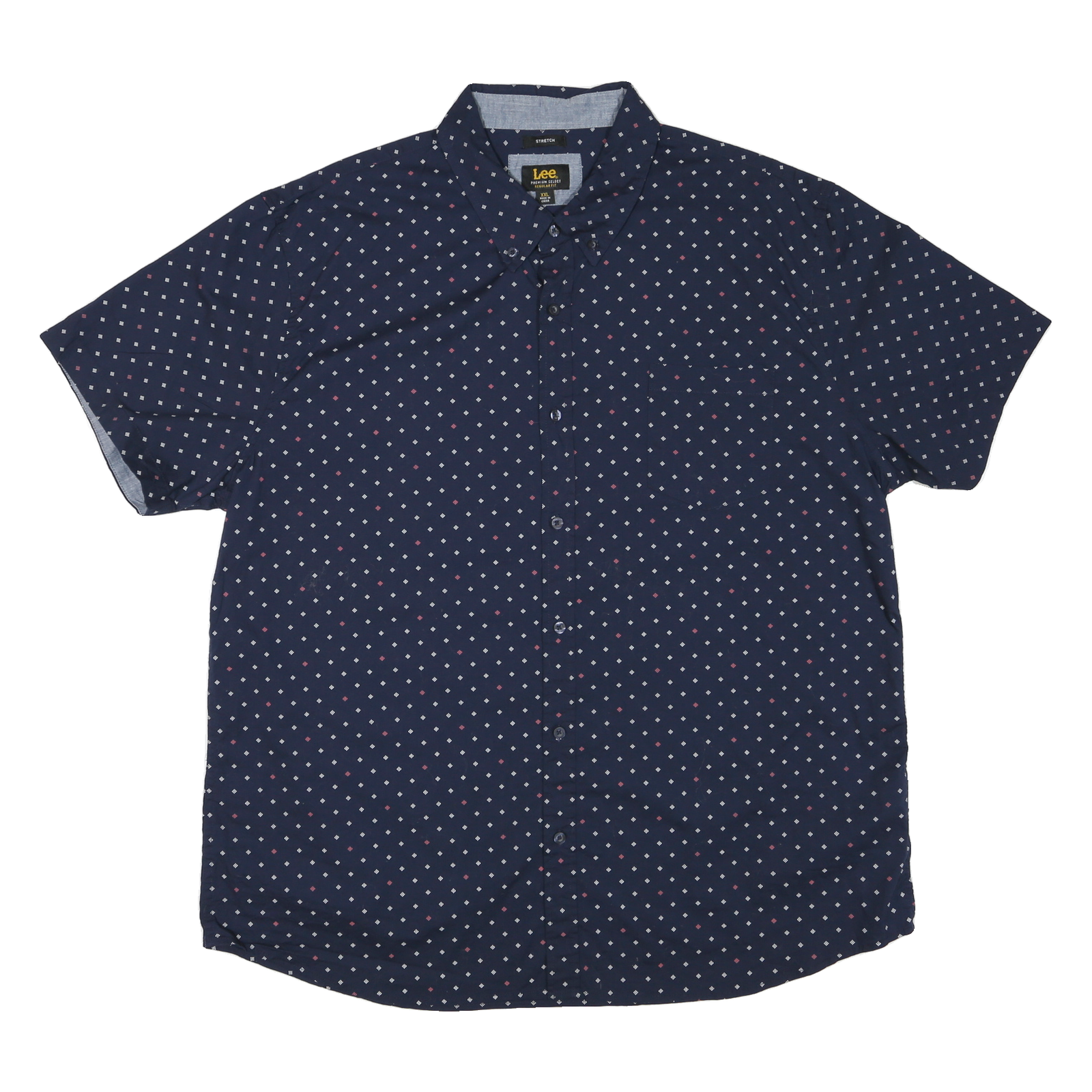 LEE Mens Navy Blue & Red Patterned Cotton Blend Shirt 2XL Short Sleeve Button