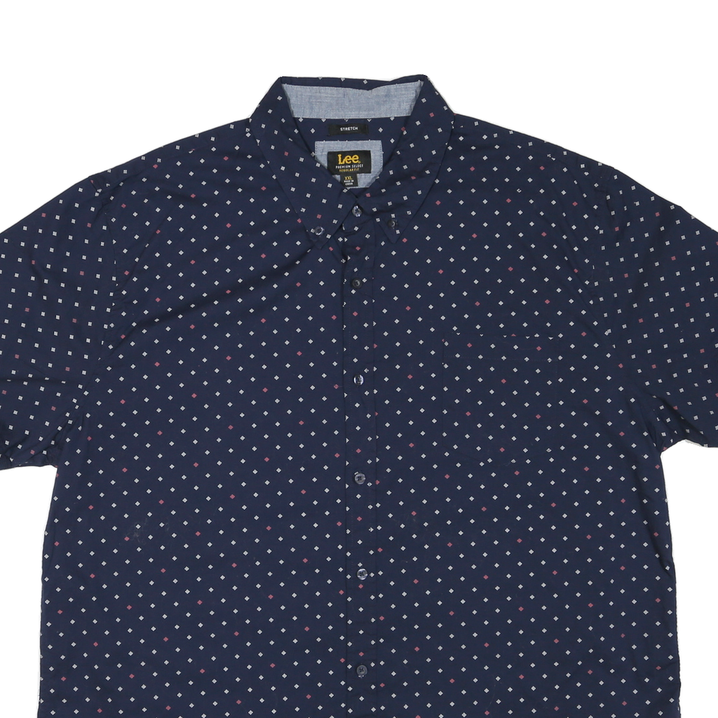 LEE Mens Navy Blue & Red Patterned Cotton Blend Shirt 2XL Short Sleeve Button