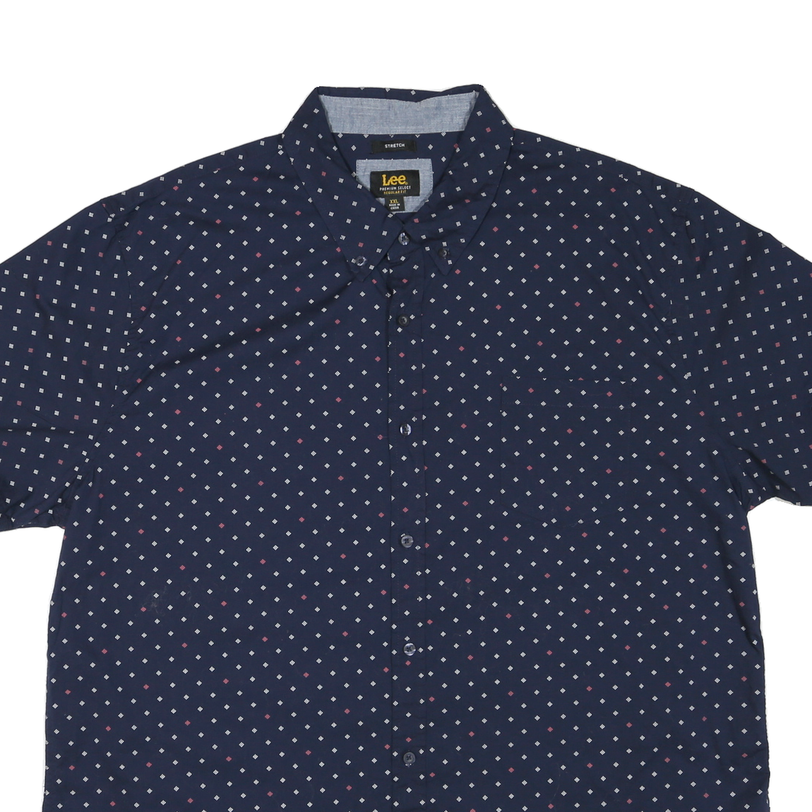 LEE Mens Navy Blue & Red Patterned Cotton Blend Shirt 2XL Short Sleeve Button