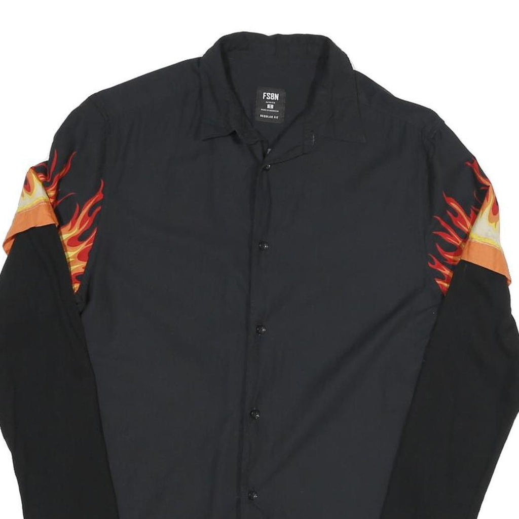 FSBN Mens Black & Orange Flame Print Shirt S Cotton Blend Unique Design