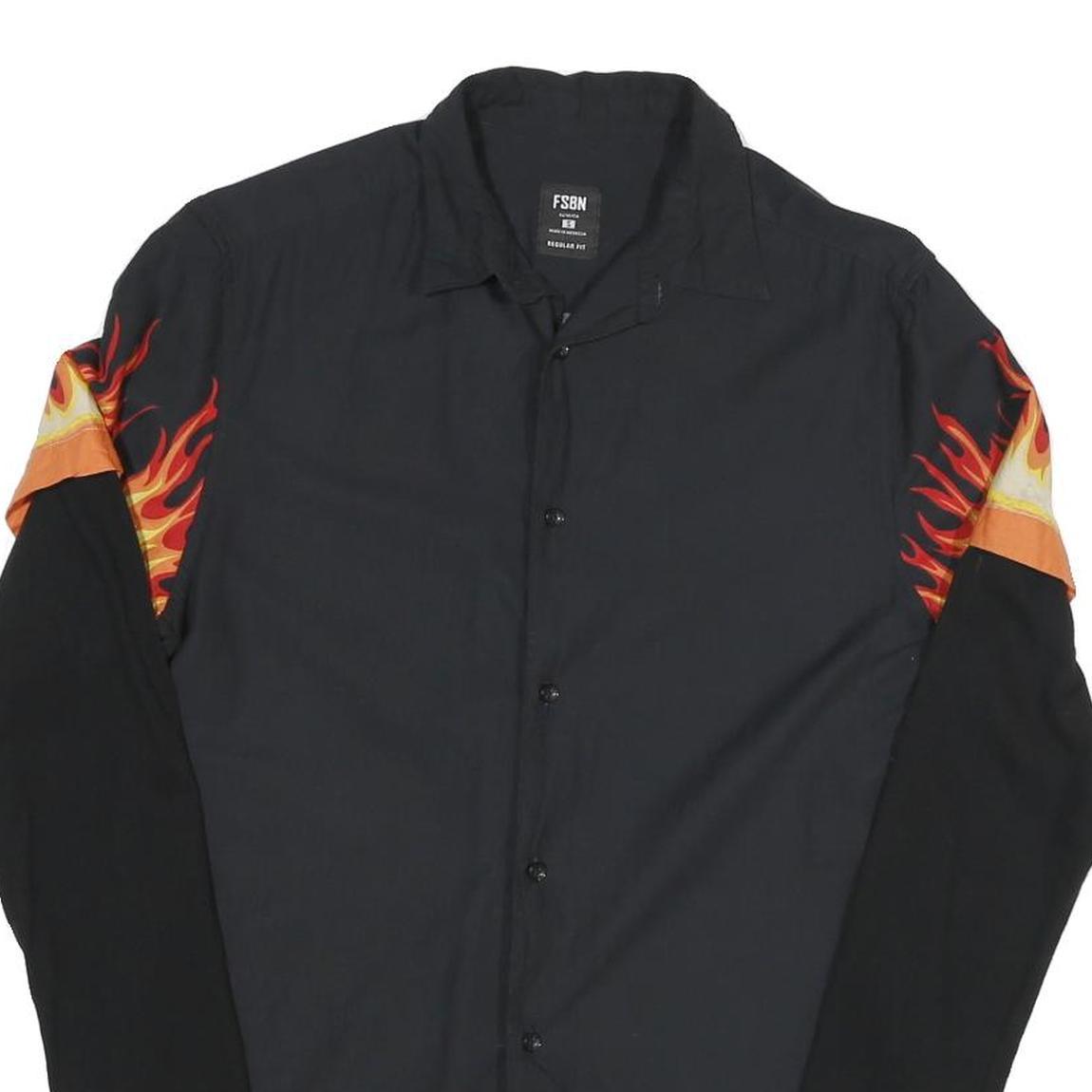 FSBN Mens Black & Orange Flame Print Shirt S Cotton Blend Unique Design