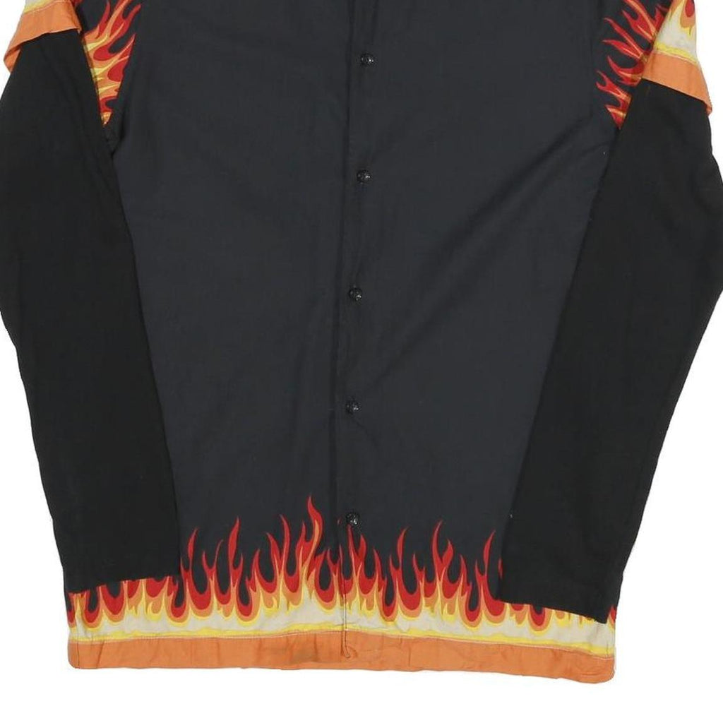 FSBN Mens Black & Orange Flame Print Shirt S Cotton Blend Unique Design
