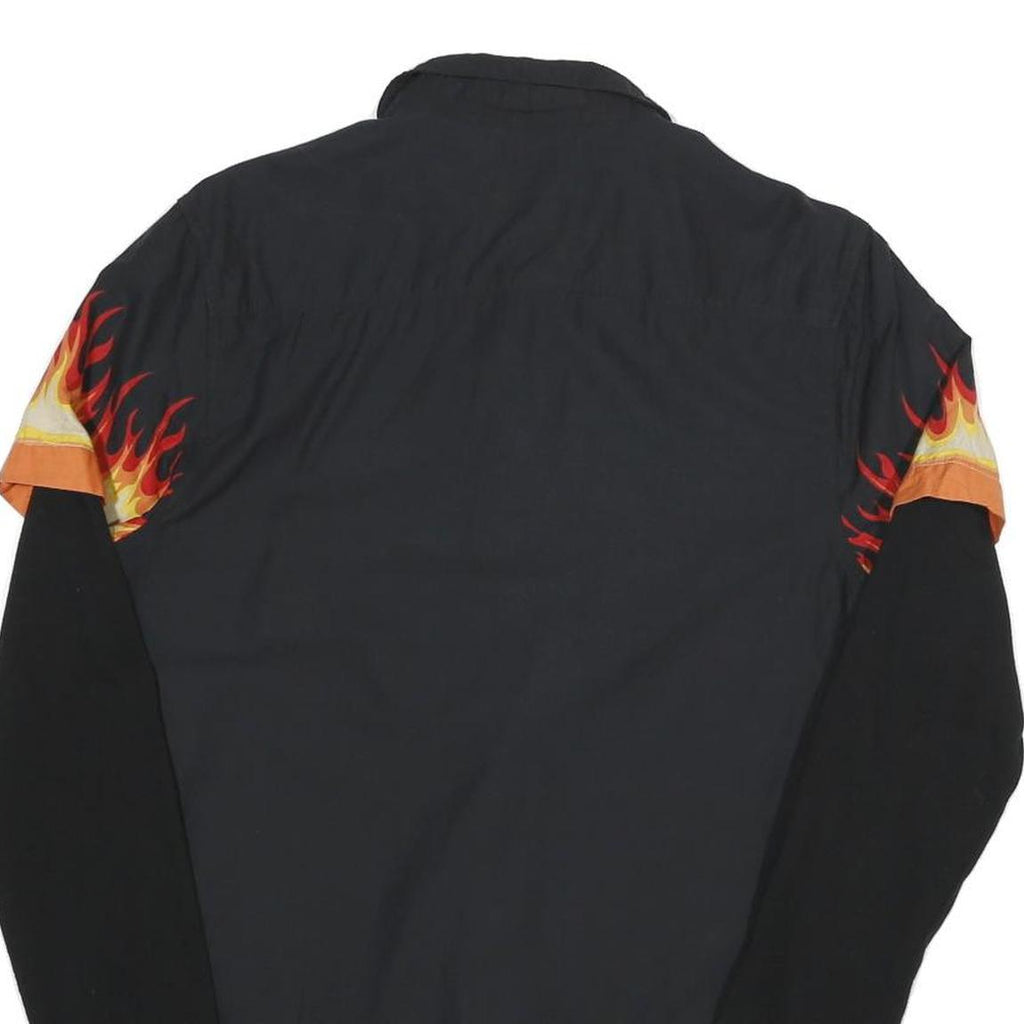 FSBN Mens Black & Orange Flame Print Shirt S Cotton Blend Unique Design