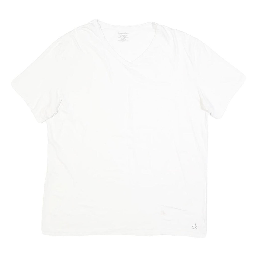 CALVIN KLEIN Mens White V-Neck T-Shirt XL Plain Cotton Blend Casual Summer