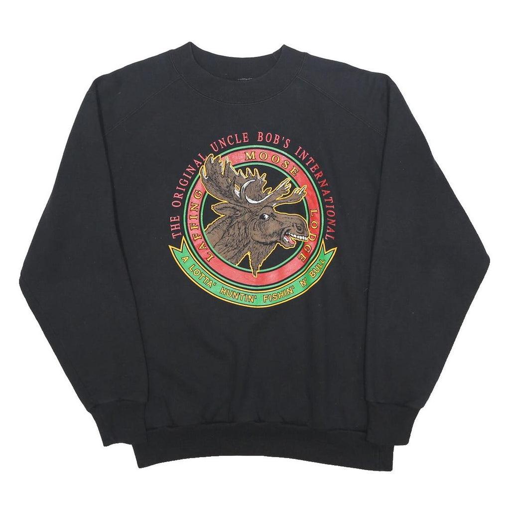 JANSPORT Mens Black Moose Lodge Print Crew Neck L Sweatshirt Cotton Blend