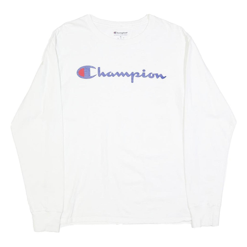 CHAMPION Mens White Graphic T-Shirt M Long Sleeve Crew Neck Cotton Blend Logo