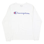 CHAMPION Mens White Graphic T-Shirt M Long Sleeve Crew Neck Cotton Blend Logo