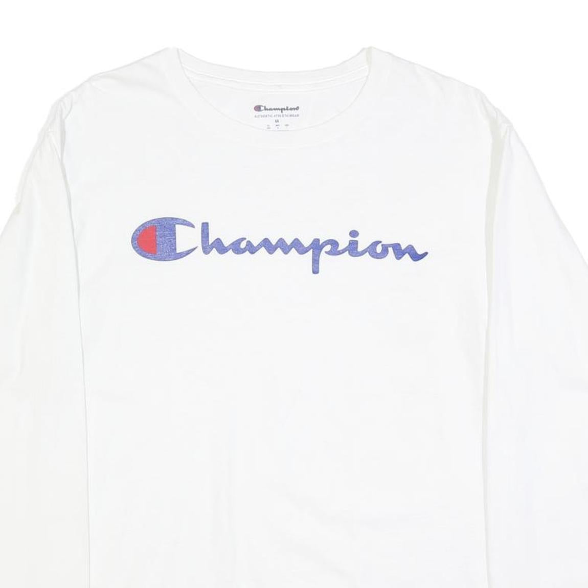 CHAMPION Mens White Graphic T-Shirt M Long Sleeve Crew Neck Cotton Blend Logo