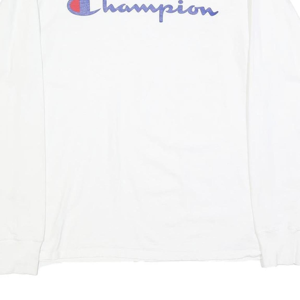 CHAMPION Mens White Graphic T-Shirt M Long Sleeve Crew Neck Cotton Blend Logo