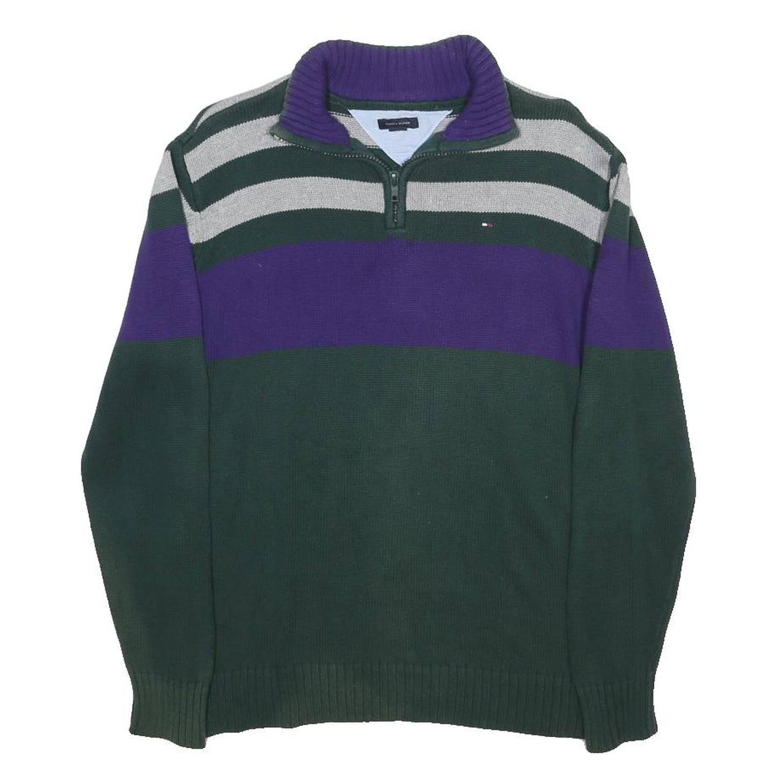 TOMMY HILFIGER Boys Green & Purple Striped Jumper Half Zip Crew Neck Basic Knit