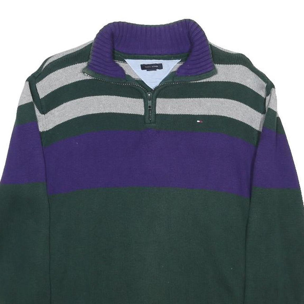 TOMMY HILFIGER Boys Green & Purple Striped Jumper Half Zip Crew Neck Basic Knit