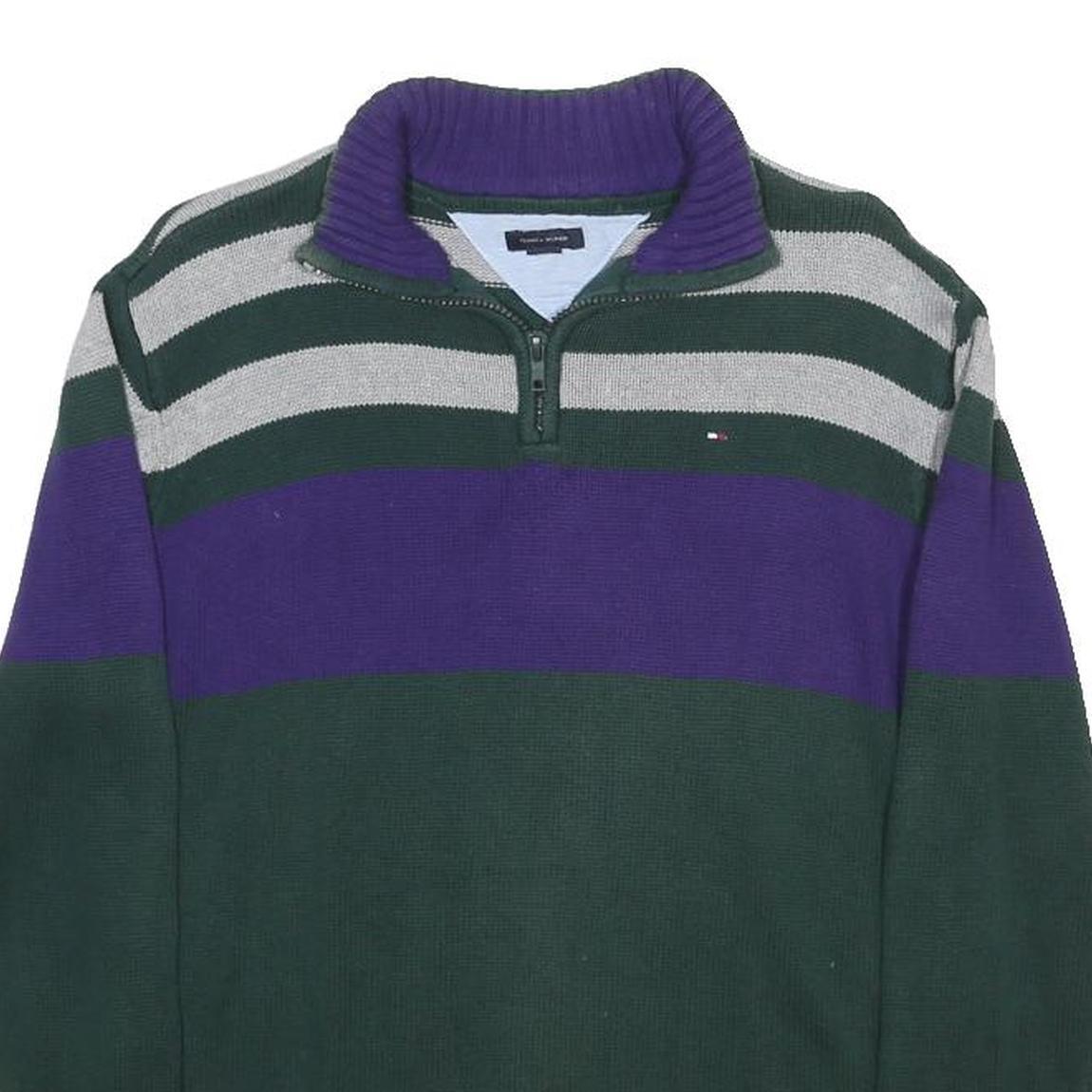 TOMMY HILFIGER Boys Green & Purple Striped Jumper Half Zip Crew Neck Basic Knit