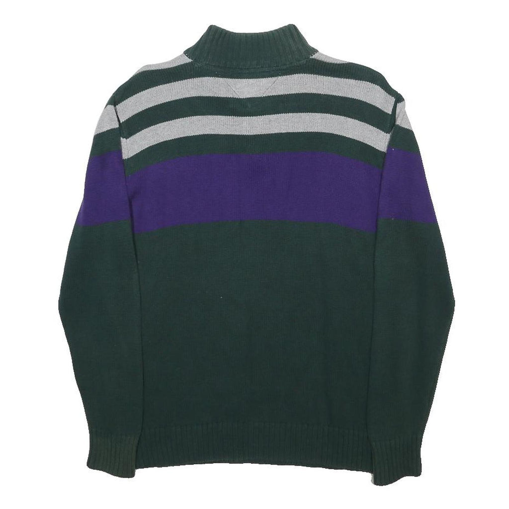 TOMMY HILFIGER Boys Green & Purple Striped Jumper Half Zip Crew Neck Basic Knit