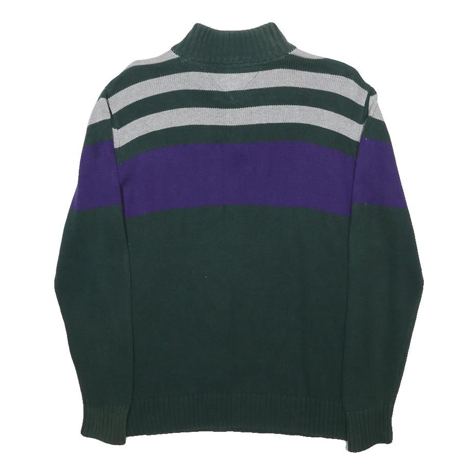 TOMMY HILFIGER Boys Green & Purple Striped Jumper Half Zip Crew Neck Basic Knit