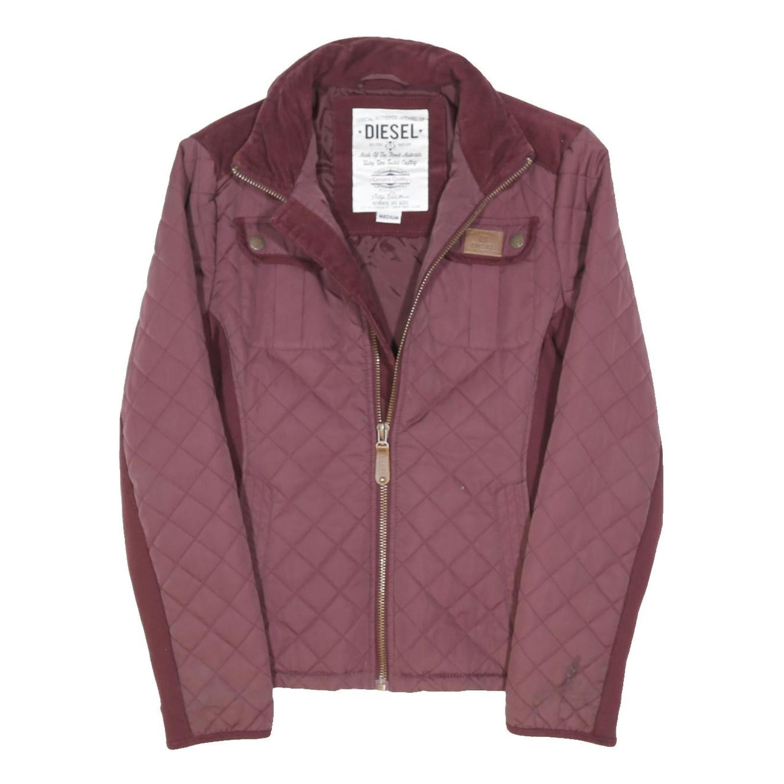 DIESEL Womens Burgundy Quilted Zip Jacket M Polyester Blend Lightweight