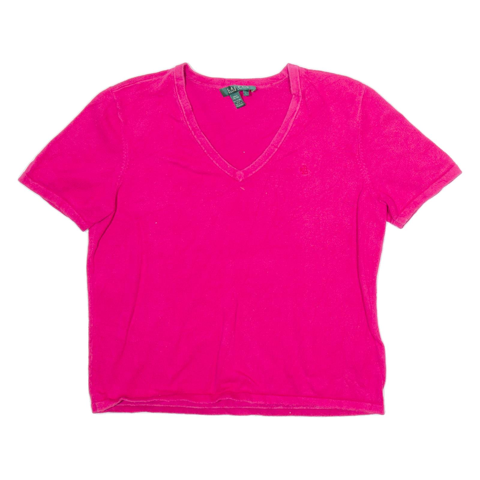 LAUREN RALPH LAUREN Womens Jumper Pink V-Neck Tight Knit Short Sleeve L