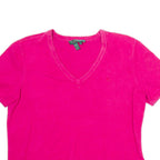 LAUREN RALPH LAUREN Womens Jumper Pink V-Neck Tight Knit Short Sleeve L
