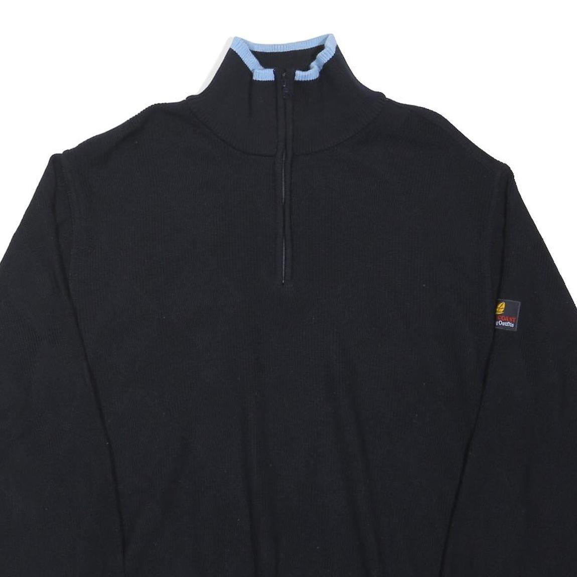 GREEN COAST Mens Black Pullover Plain 1/4 Zip Jumper Cotton Blend L Half Zip