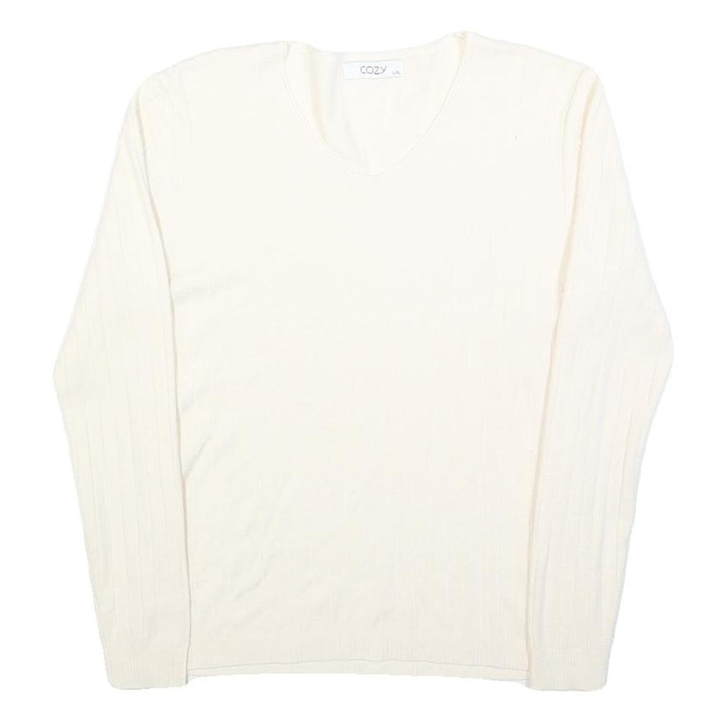 COZY Womens Cream Jumper Plain V-Neck Basic Knit L Cotton Blend Comfortable