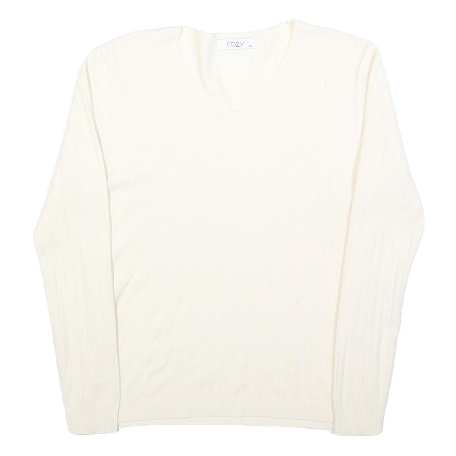 COZY Womens Cream Jumper Plain V-Neck Basic Knit L Cotton Blend Comfortable