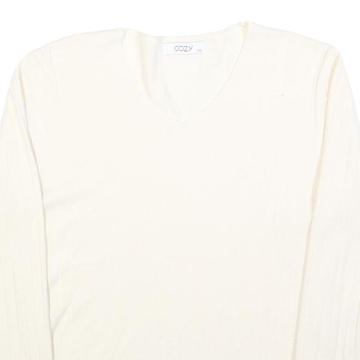 COZY Womens Cream Jumper Plain V-Neck Basic Knit L Cotton Blend Comfortable