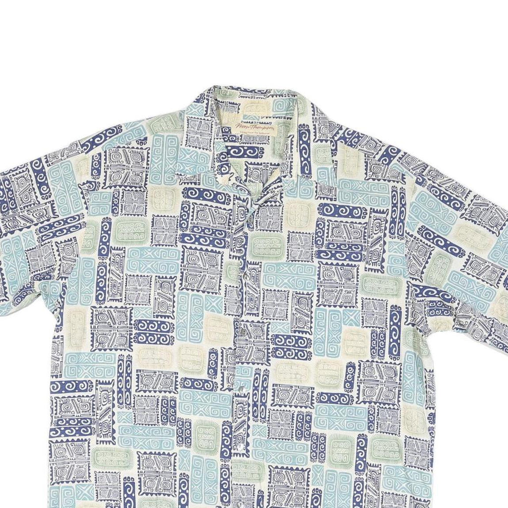 MORM THOMPSON Mens Blue & Cream Patterned Cotton Blend Shirt M Short Sleeve