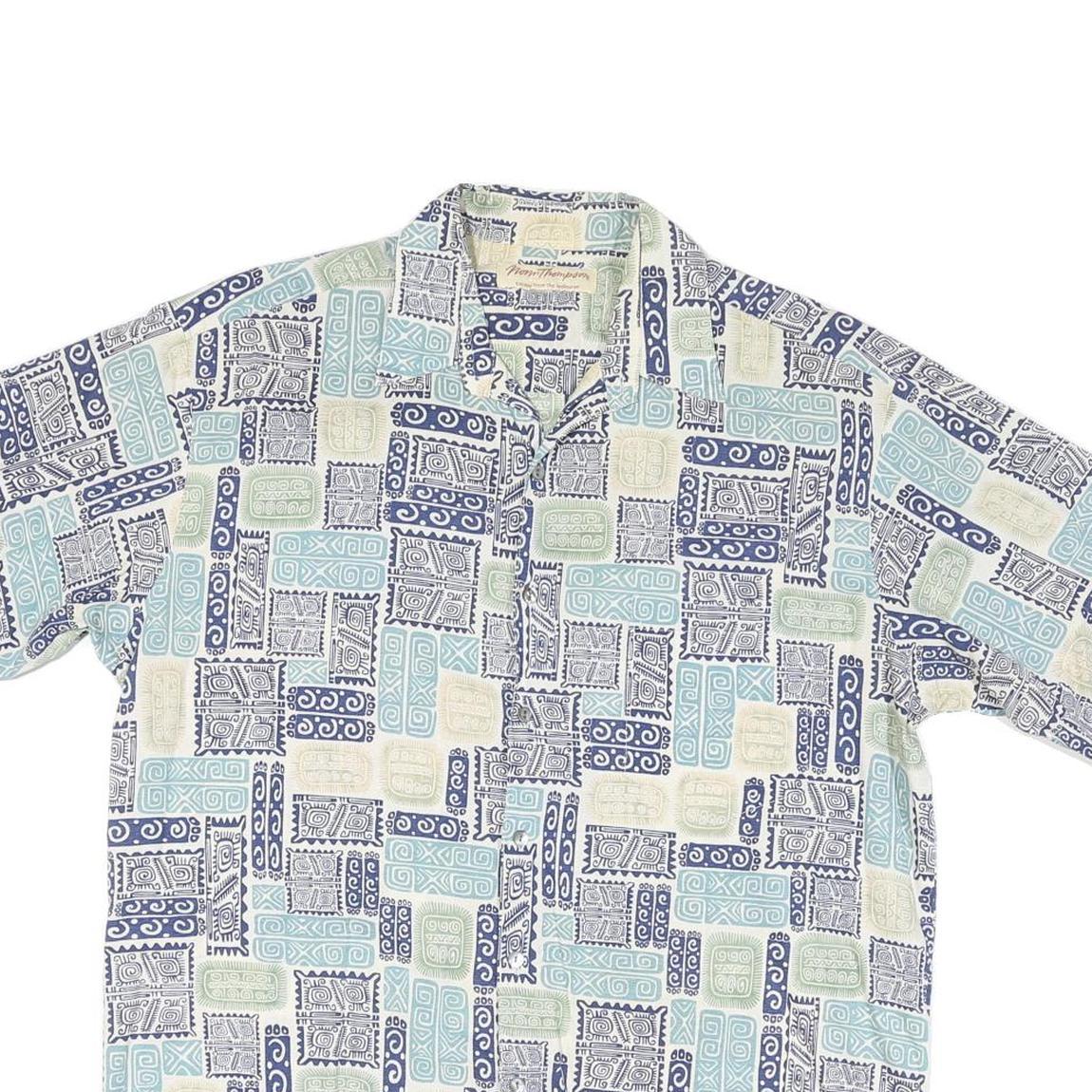 MORM THOMPSON Mens Blue & Cream Patterned Cotton Blend Shirt M Short Sleeve