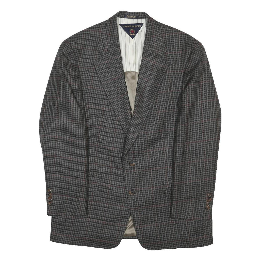TOMMY HILFIGER Mens Grey & Maroon Wool Blend Blazer Jacket L Woven Check