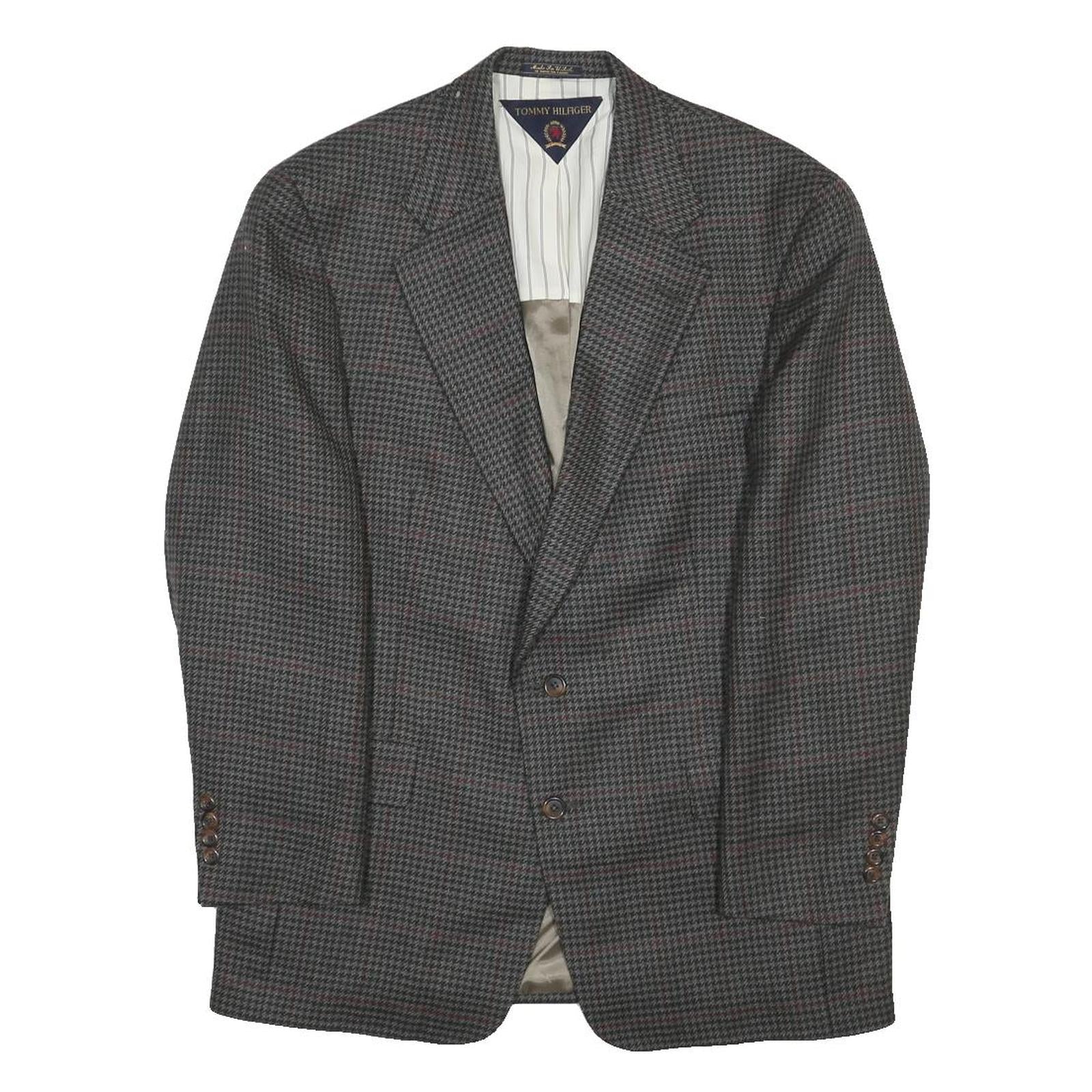 TOMMY HILFIGER Mens Grey & Maroon Wool Blend Blazer Jacket L Woven Check