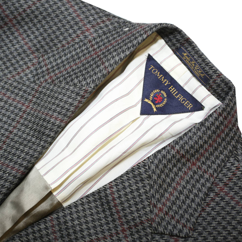 TOMMY HILFIGER Mens Grey & Maroon Wool Blend Blazer Jacket L Woven Check