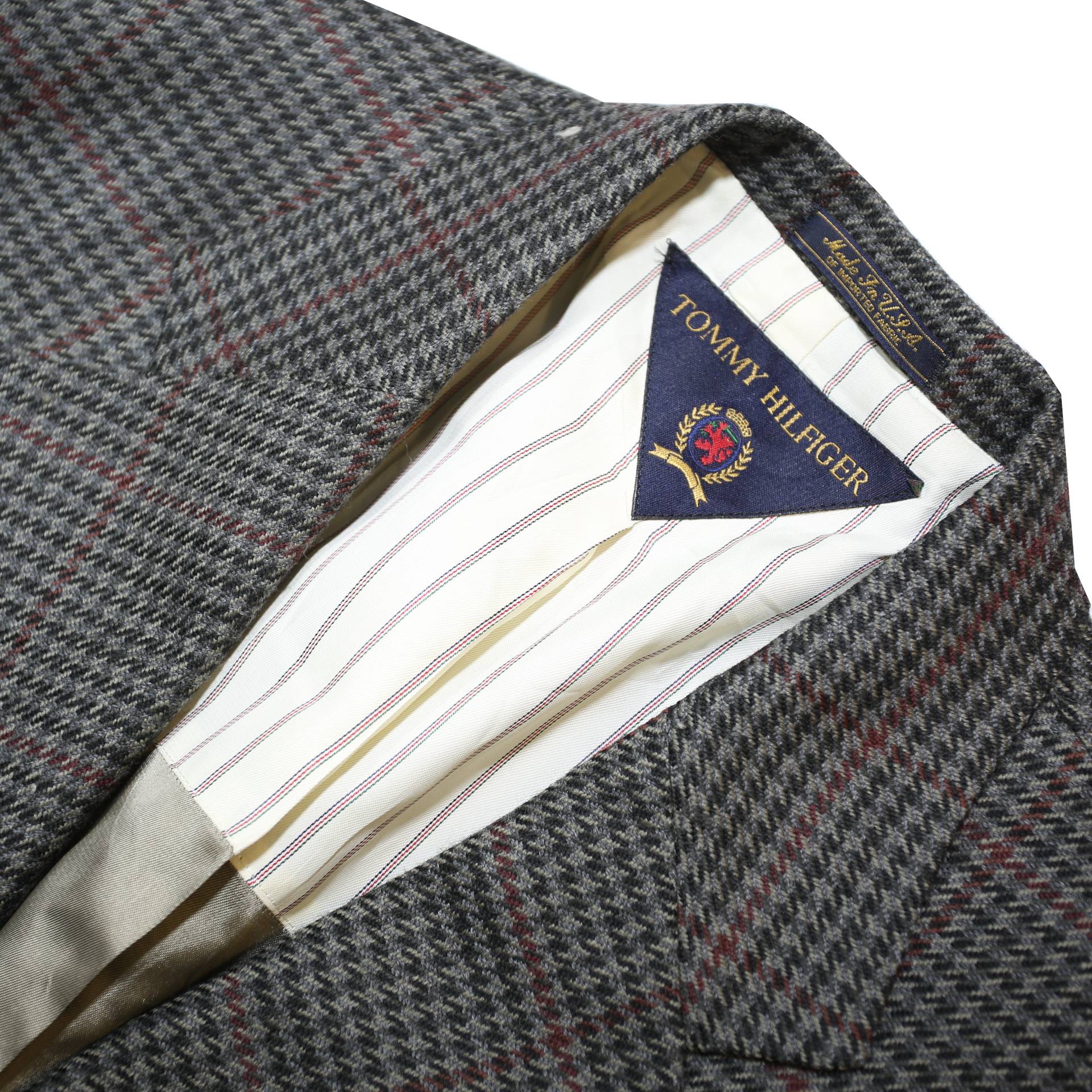 TOMMY HILFIGER Mens Grey & Maroon Wool Blend Blazer Jacket L Woven Check