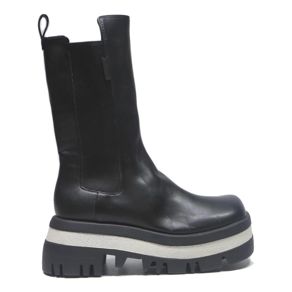 CHARLES & KEITH Womens Black Leather Platform Ankle Boots UK 4 Chunky Sole