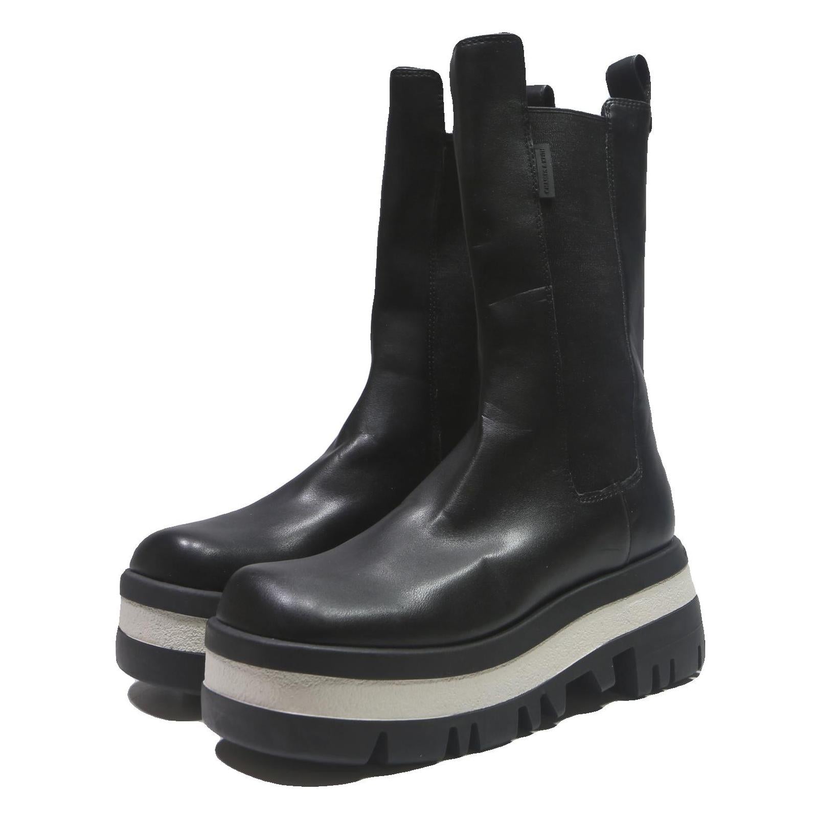 CHARLES & KEITH Womens Black Leather Platform Ankle Boots UK 4 Chunky Sole