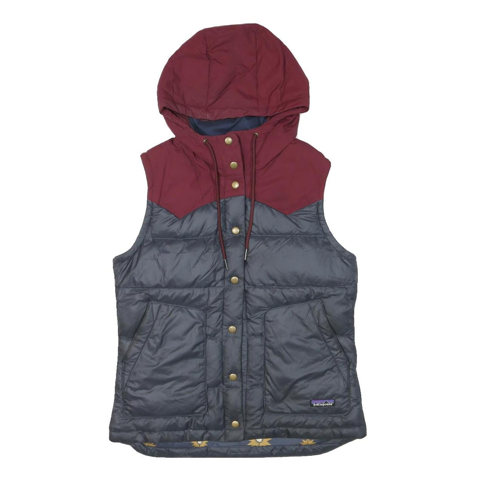 PATAGONIA Womens Burgundy & Grey Hooded Puffer Button Jacket S Polyester Blend