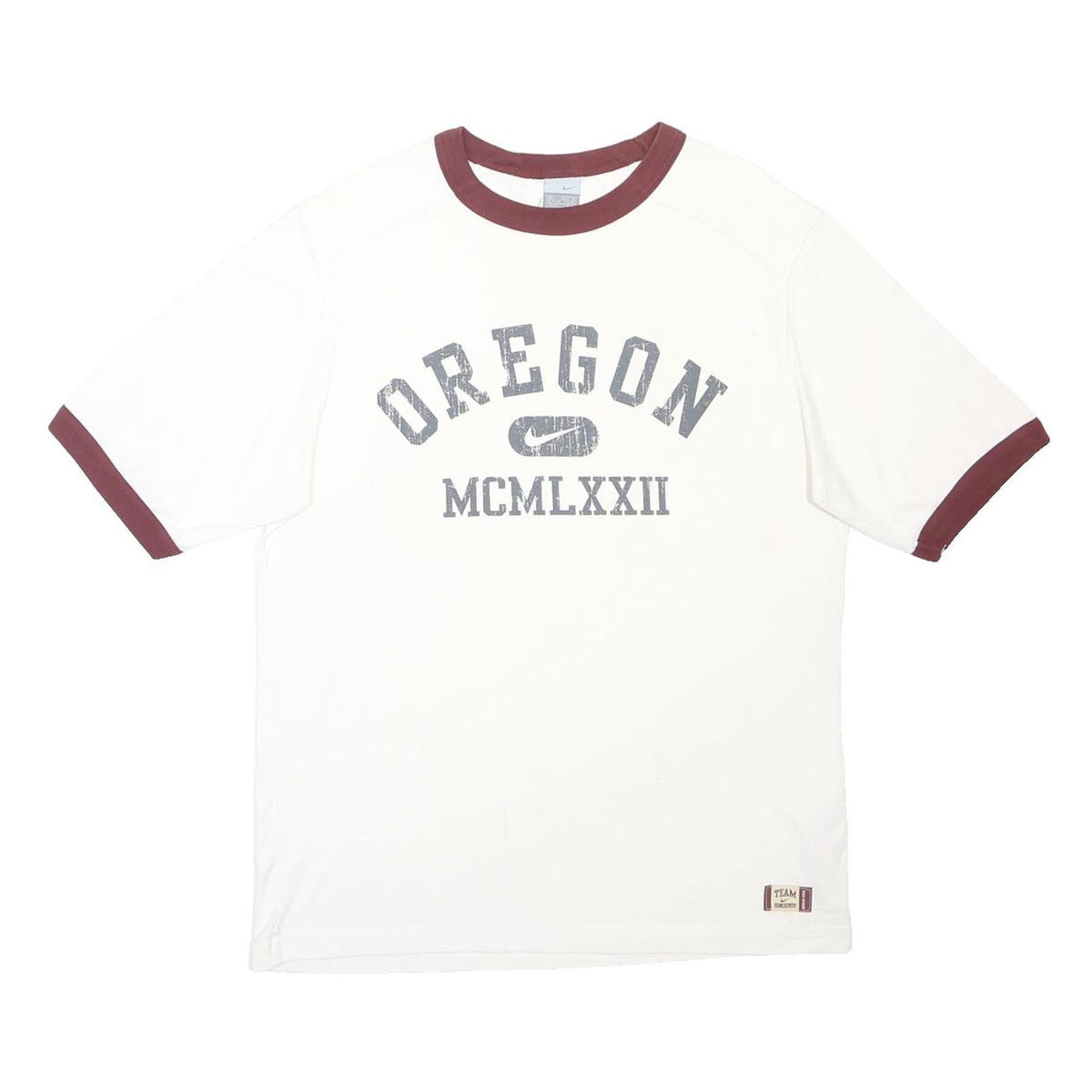 NIKE Mens White & Burgundy Oregon Graphic T-Shirt L Short Sleeve Crew Neck