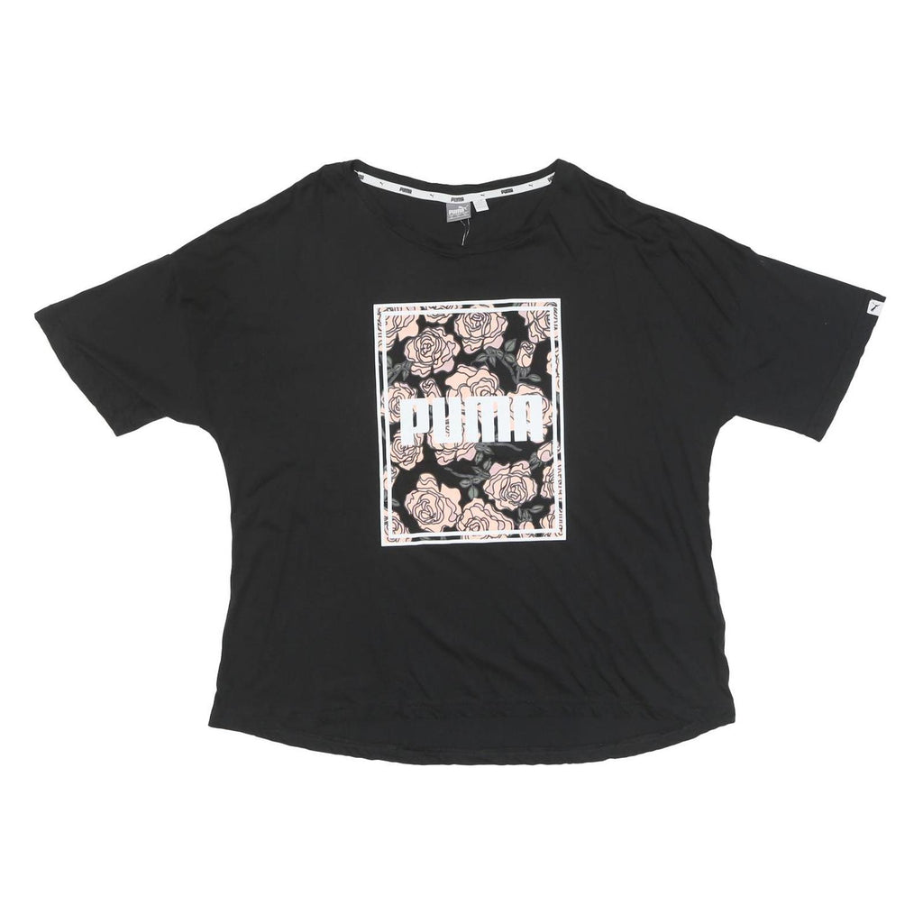 PUMA Womens Black Graphic T-Shirt XL Short Sleeve Round Neck Casual Floral Print