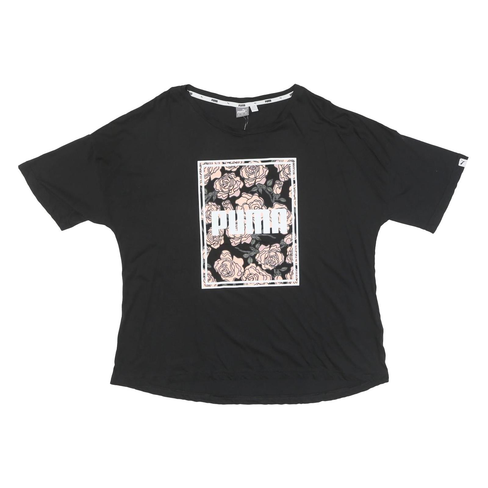 PUMA Womens Black Graphic T-Shirt XL Short Sleeve Round Neck Casual Floral Print